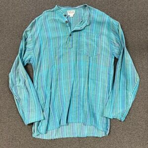 Far Fetched Henley Shirt Mens XL Blue Good Striped Cotton Handmade Nepal